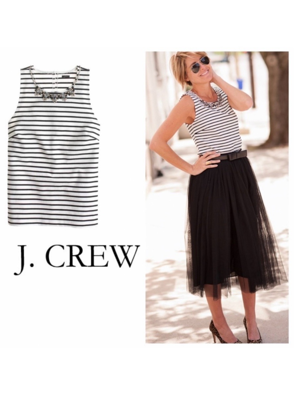 Jeweled Collar Striped Sleeveless Shell Top